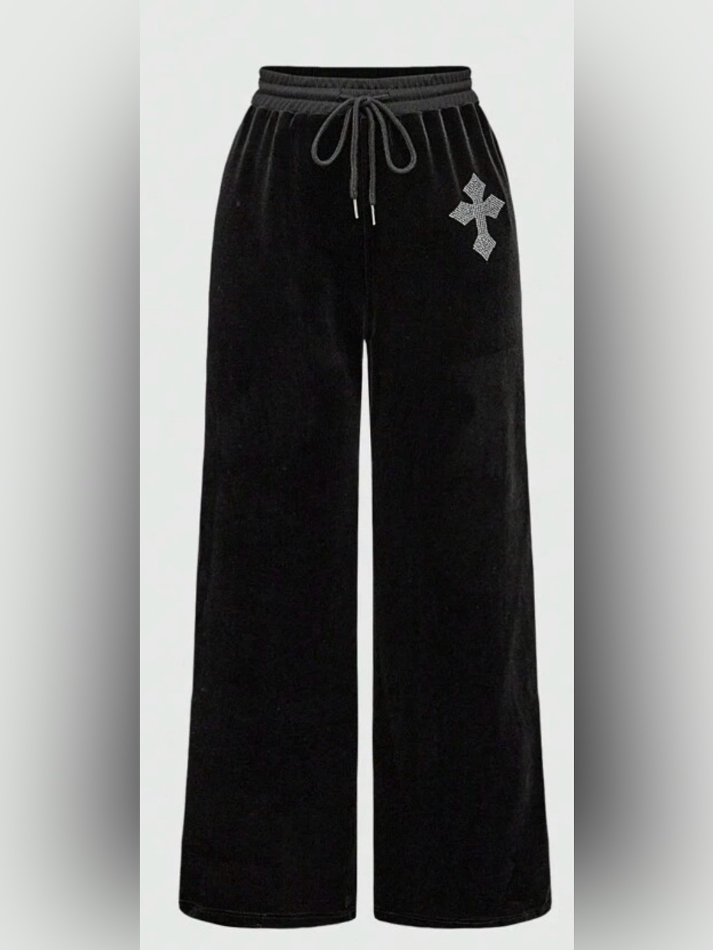 Black Velvet Drawstring Suede Pants with Subtle Rhinestone Cross